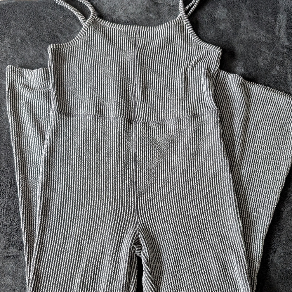 Ribbed Grey Black Cami Pant Wide Leg Jumpsuit Loungewear Elevated Basic Sz Large image 5